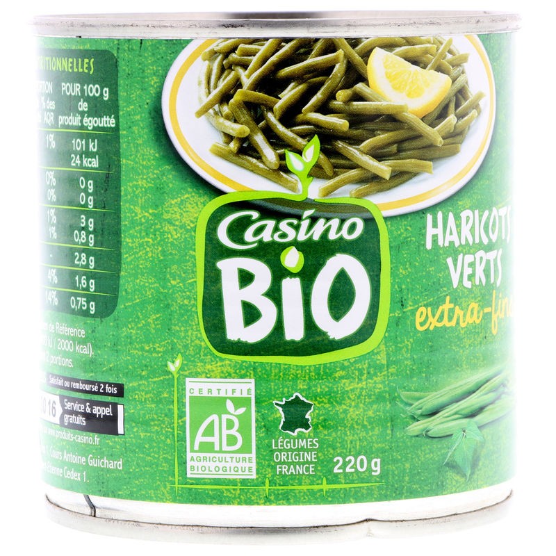 CASINO BIO Haricots verts extra fins Issus de l’agriculture biologique 220g CASINO BIO Haricots verts extra fins Issus de l’agriculture biologique 220g